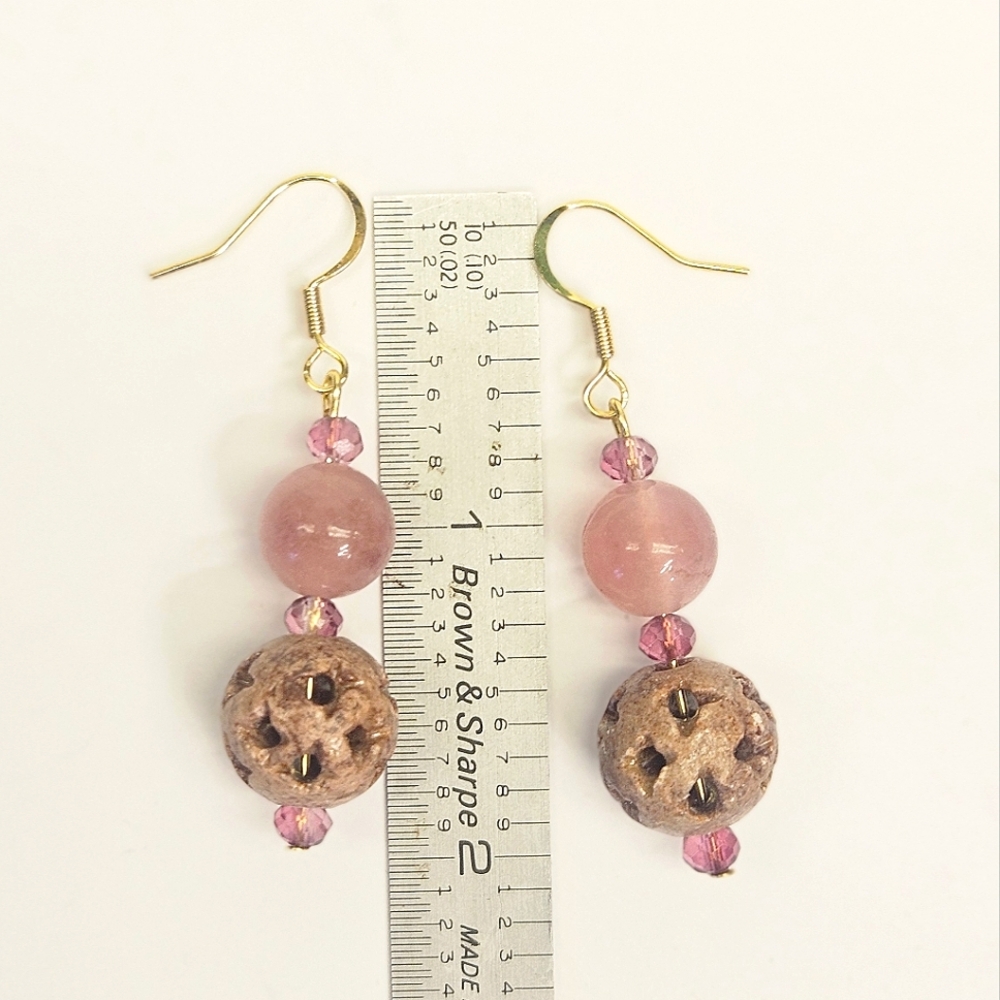 Handmade Earrings Strawberry Quartz and Soapstone Beaded Earrings - Picture 6 of 6